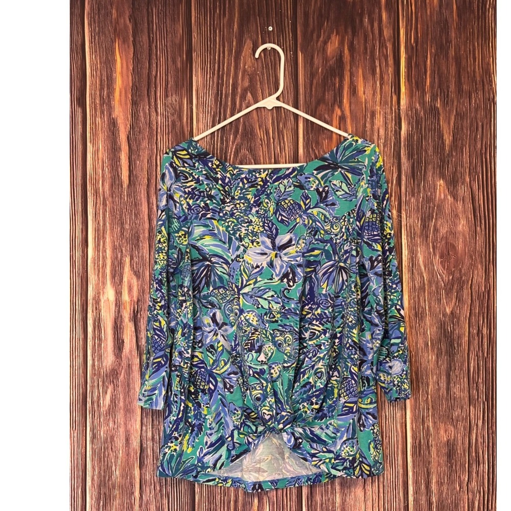Lilly Pulitzer Bennet Twist Knot Top Womens L Teal Blue 3/4 Sleeve Sneak A Beak